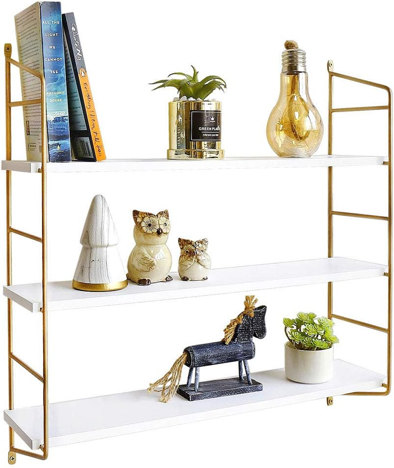 BOLUO Gold Wall Shelf Modern White Floating Shelves Bathroom 3 Tier Mounted Shelving Bedroom 24 I... | Amazon (US)
