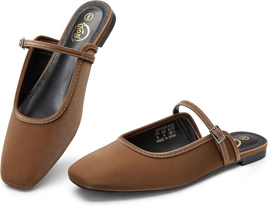 Trary Mules for Woman Mary Jane Flat Shoes Slip on Comfortable Backless Loafers Flats Square Toe ... | Amazon (US)