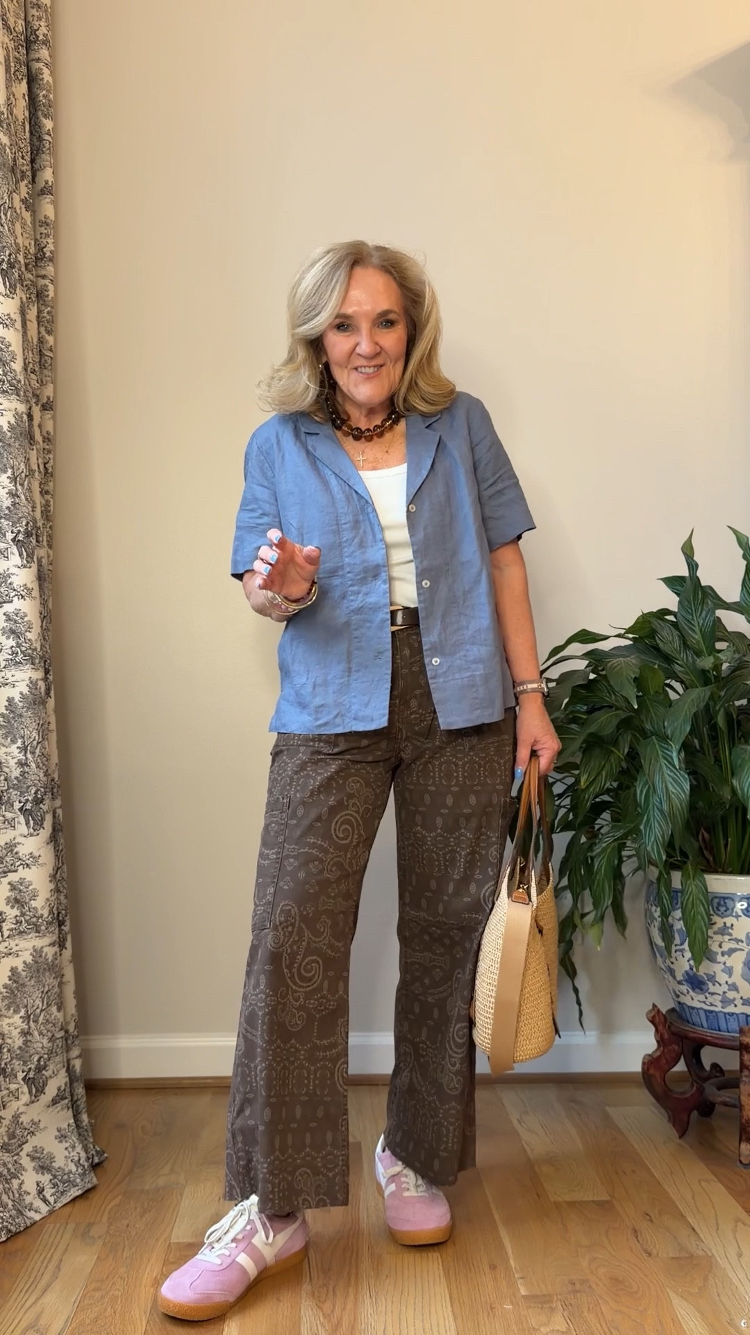 Bandana print pants size medium short I cut 3” off the bottom available in short or long right now v
Blue cardigan medium 
Blue linen shirt medium 
Linen blazer medium 
My new bracelet stack is launching Thursday 4/2!!! 
10% off my Eric javits bag with code NANETTE

#LTKPetite #LTKOver40 #LTKootd