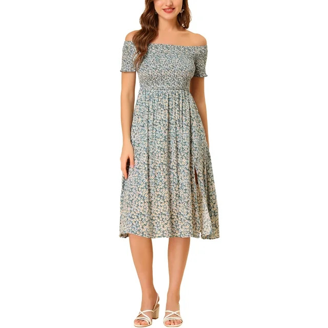 Allegra K Women's Boho Floral Print Off Shoulder High Split Long a Line Dress | Walmart (US)