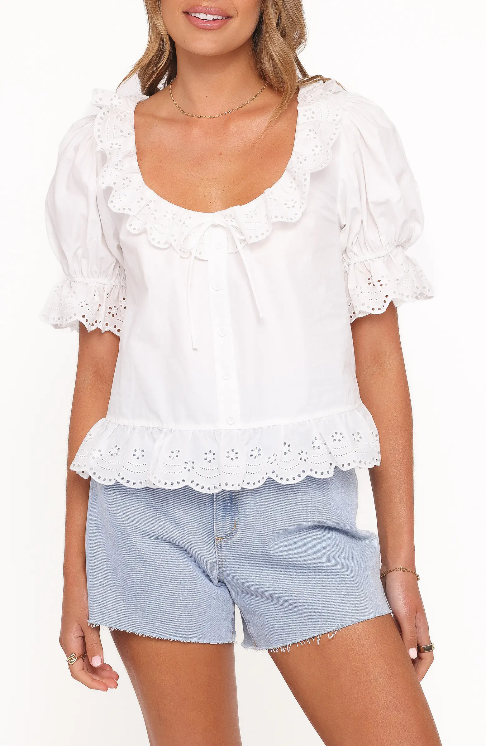 Anouk Eyelet Trim Button-Up Top | Nordstrom