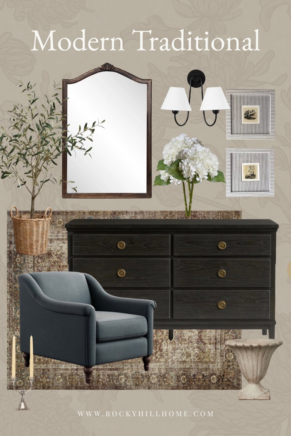 Get the Modern Traditional look with this curated mood board! Featuring a timeless Pottery Barn dresser and blue armchair, a classic McGee & Co sconce, and unique Etsy framed art. I love the mix of dark wood with brass accents, and vintage inspired decor paired with real touch hydrangeas for a fresh, high-end feel. Perfect for transitional home styling and master bedroom or living room inspiration.

#LTKHome #LTKSeasonal