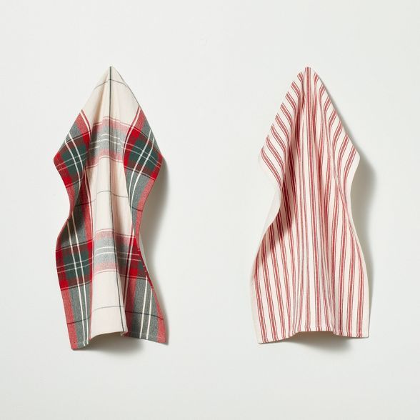 2pc Holiday Plaid & Multi Stripe Kitchen Towel Set Red/Green - Hearth & Hand™ with Magnolia | Target