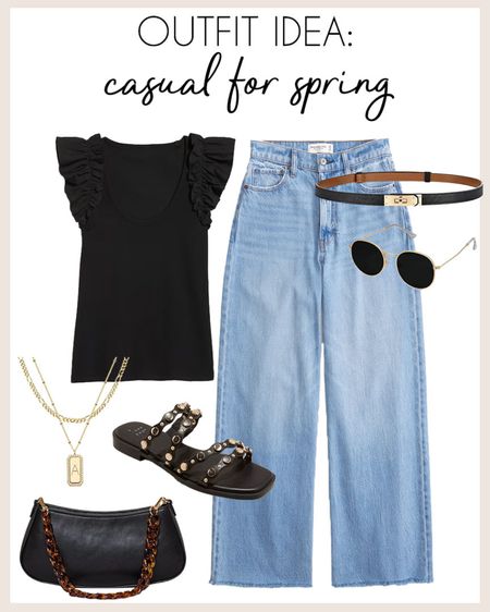 Casual and neutral spring outfit idea! 

#springstyle

Spring outfit idea. Elevated casual spring outfit. Black ruffle sleeve top. Wide leg jeans. Trendy wide leg jeans. Black strappy sandals. Black shoulder bag with tortoise shell chain. Designer inspired belt  

#LTKSeasonal #LTKstyletip #LTKfindsunder100