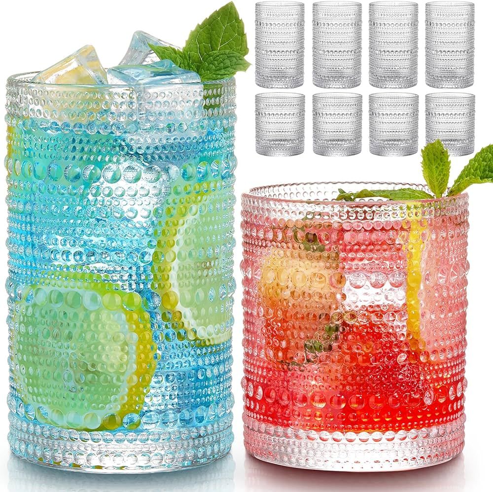 Hlukana Vintage Hobnail Drinking Glasses Set of 8, 12 oz Highball Glasses & 10 oz Cocktail Glasse... | Amazon (US)