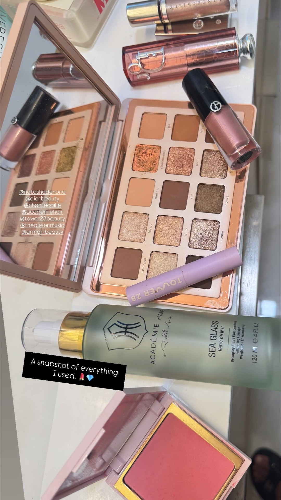 @natashadenona palette 
@diorbeauty blush stick 
@chantecaille holiday blush and eyeshadow 
@academiehair Sea Glass
@tower28beauty gogo stick in troubadour 
@thequeenmusia (blush is midcentury pink…use beautyprofessor-qm at www.queenmusia .com)
@armanibeauty eye tint in blossom   A snapshot of everything I used. 💄💎

#LTKFindsUnder50 #LTKFindsUnder100 #LTKBeauty