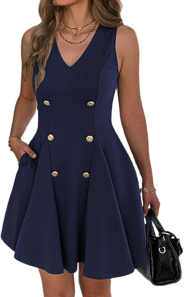 Work Dresses for Women Summer Business V Neck Sleeveless Buttons Short Flare Dress with Pockets E... | Amazon (US)