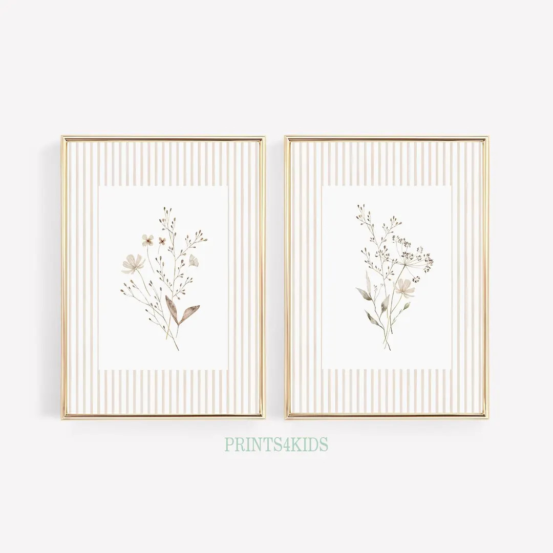 Neutral Wildflower Wall Art, Soft Tones Botanical Set of 2 Prints, Floral Nursery Decor, Vintage ... | Etsy (US)
