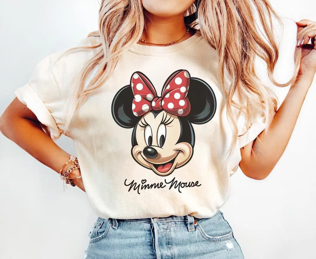 Disney Minnie Mouse Cheerful  Mouse with Bow Cute T-Shirt, Disney Minnie Tee, Disneyland Family M... | Etsy (US)