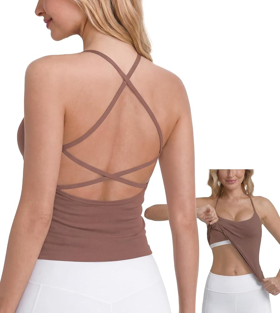 Women's Workout Tank Tops with Built in Bras Criss Cross Strap Tank Backless Athletic Yoga Gym To... | Amazon (US)