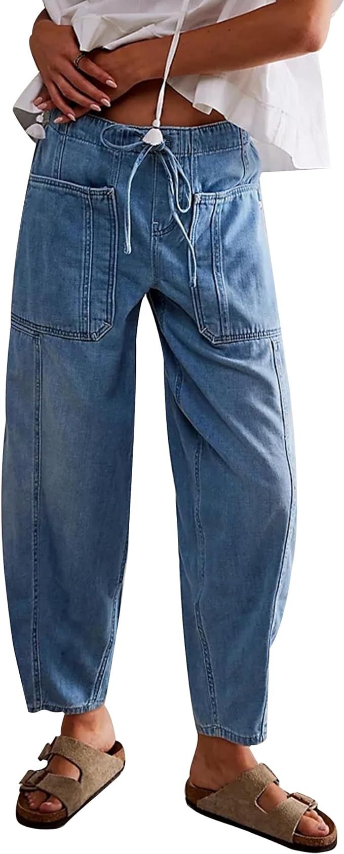 Women's Wide Leg Baggy Jeans Elastic Low Rise Barrel Jean Loose Boyfriend Denim Pants with Drawst... | Amazon (US)