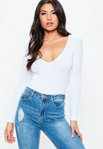 Missguided - White Rib V Neck Bodysuit | Missguided (US & CA)
