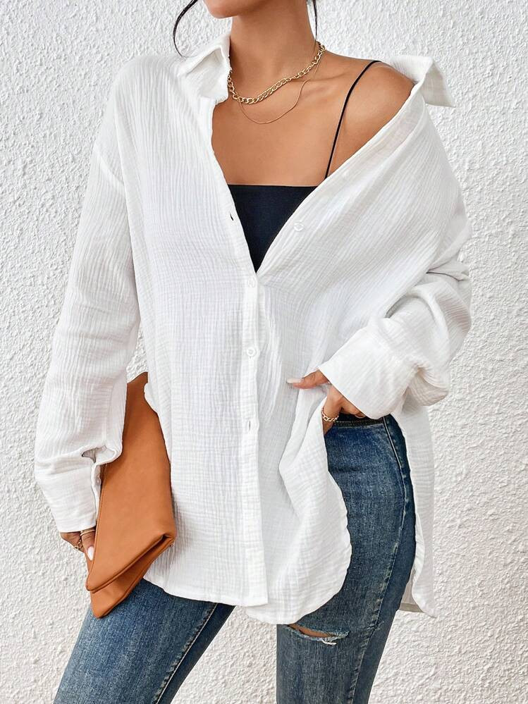 SHEIN LUNE Solid Drop Shoulder Button Front Shirt,Long Sleeve Tops | SHEIN