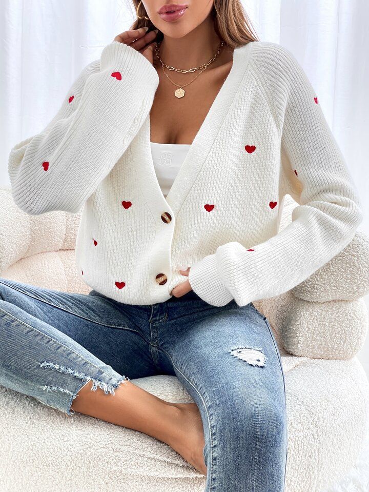 SHEIN Frenchy Heart Embroidery Button Front Cardigan | SHEIN