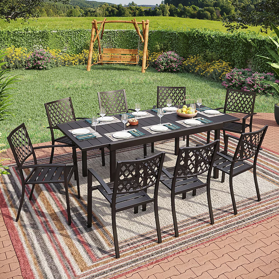 Sunshine Valley Outdoor Table and Chairs 9 -Piece Black Patio Dining Set Extendable Table Steel R... | Lowe's