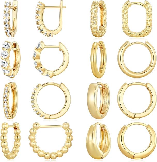 6/9 Pairs Huggie Hoop Earrings Small Hypoallergenic 14K Gold Plated Huggie Earrings For Women Sim... | Amazon (US)