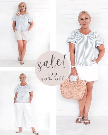 Blue and white bubble popover is on sale for 40% off this weekend. A very pretty cool neutral outfit!

#LTKSaleAlert #LTKOver40 #LTKVideo