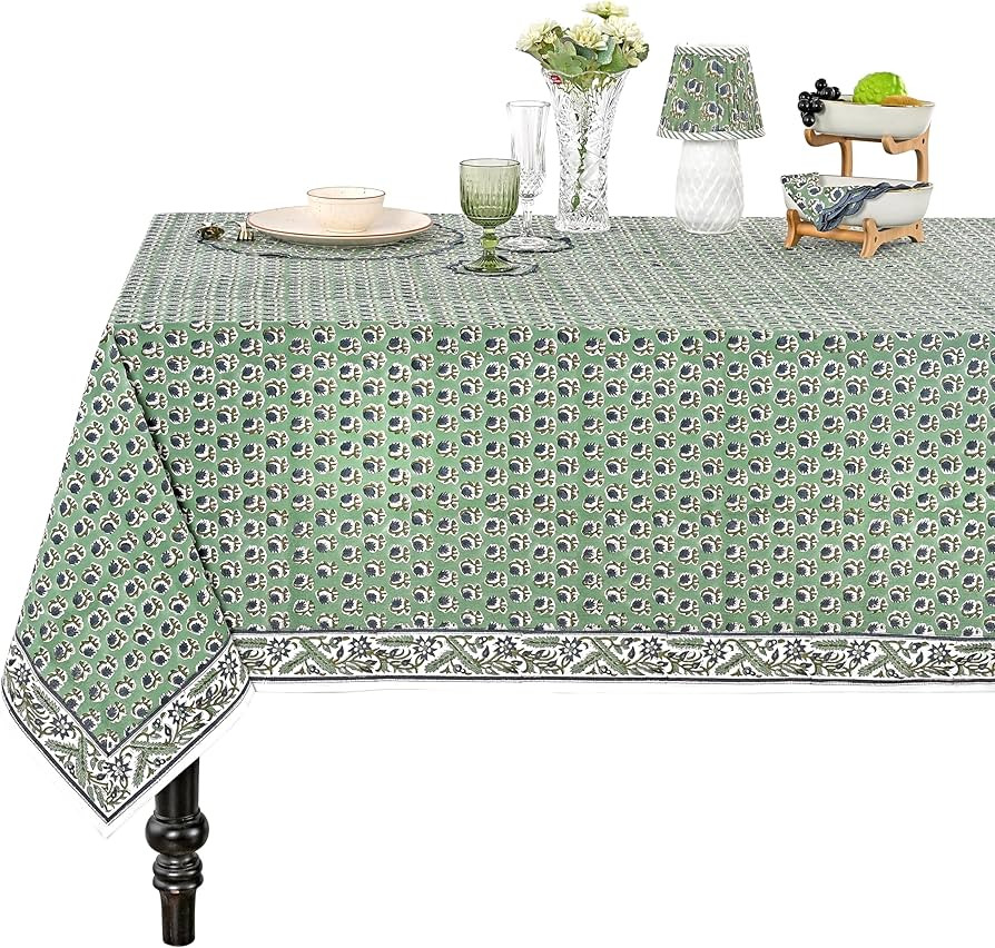 Ridhi Basil Green 60x60 Inches Square 100% Cotton Hand Block Print Tablecloth Washable Halloween ... | Amazon (US)