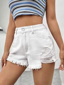 SHEIN EZwear Ripped Raw Hem Denim Shorts SKU: sw2302137147090580New$12.99$12.34Join for an Exclus... | SHEIN