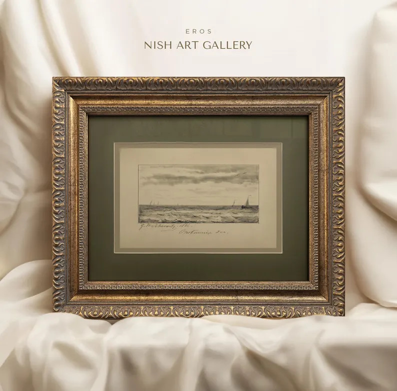 Vintage Gold Framed Wall Art, Sage Green Matted, Seascape Framed Sketch, Antique Sailboat Drawing... | Etsy (US)