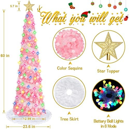 RACPNEL 5Ft Pop Up Tinsel Christmas Tree with Colorful Sequin, Lights, Tree Topper & Tree Skirt, Col | Amazon (US)