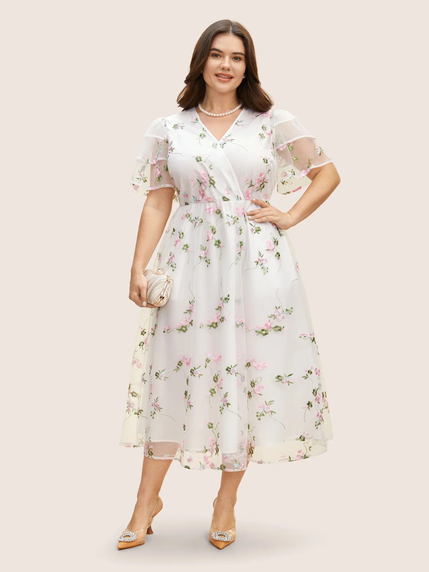 Overlap Collar Mesh Floral Embroidered Tiered Ruffles Dress | Bloomchic