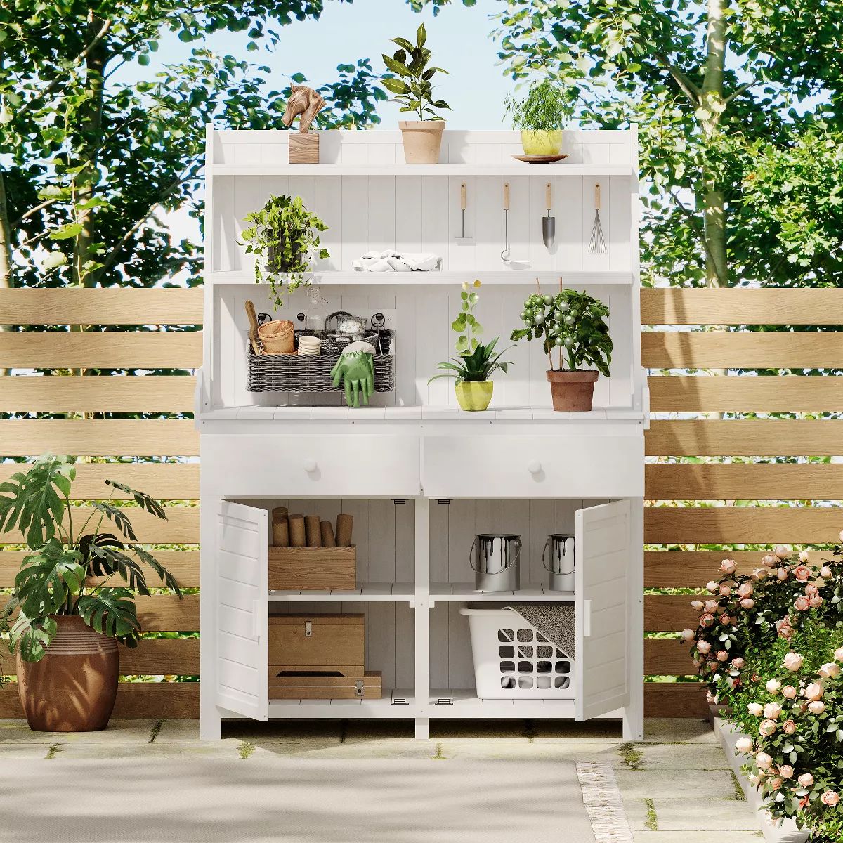 65" Versatile Garden Potting Bench Table, Fir Wood Workstation with Storage Shelf, Drawer and Cab... | Target