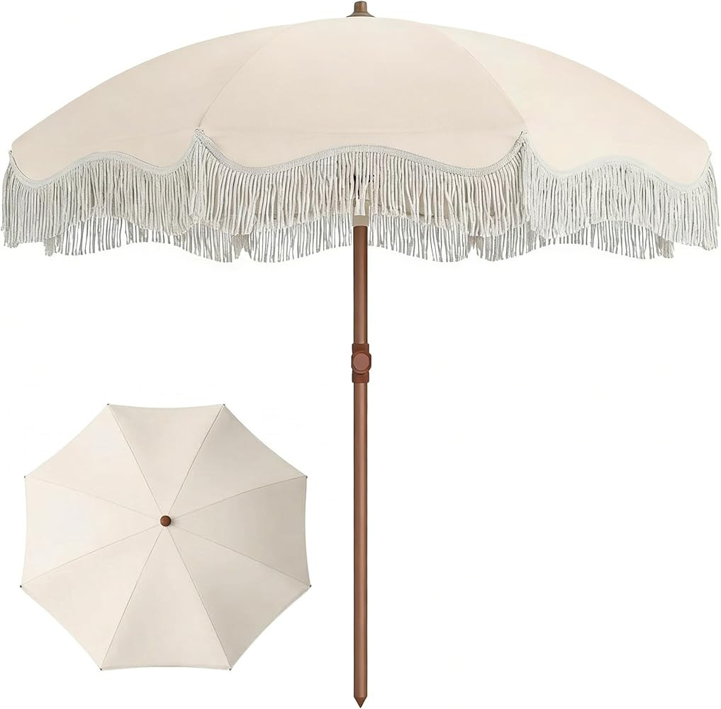 7ft Patio Umbrella with Fringe, Boho Beach Umbrellas, Outdoor Tassels Umbrellas with Push Button ... | Amazon (US)