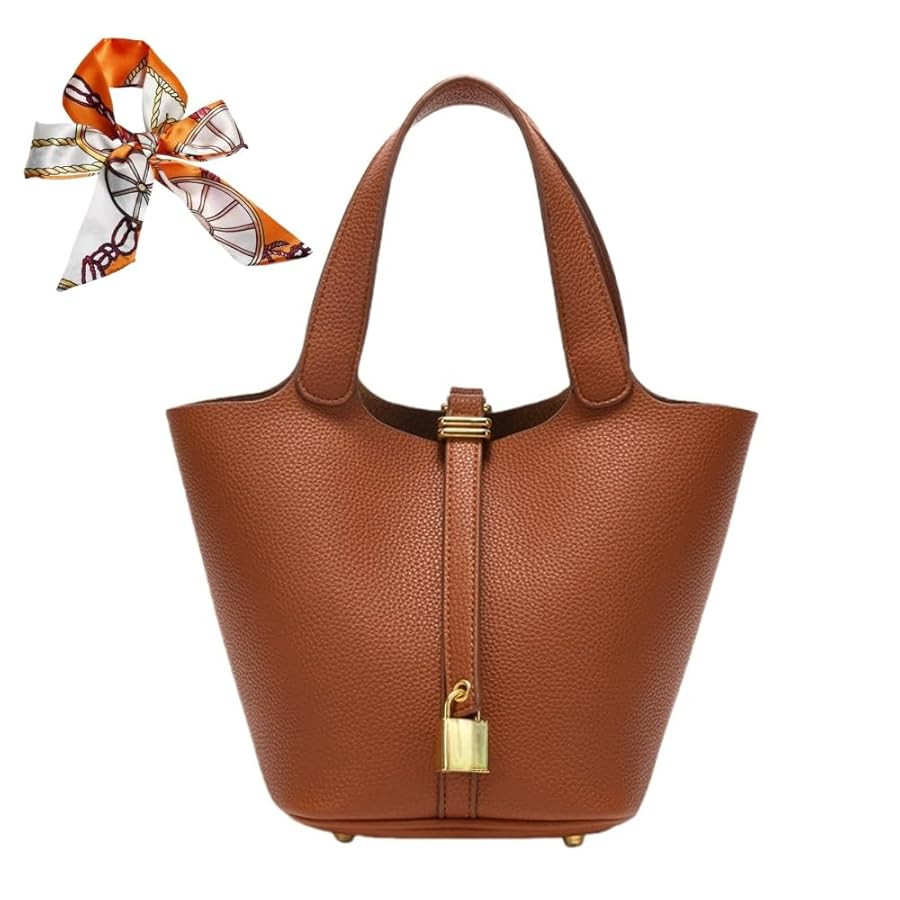 Women's Leather Tote Bag: Fashionable Lock Design Solid Color Bucket Bag Mini Handbag Wallet Hand... | Amazon (US)