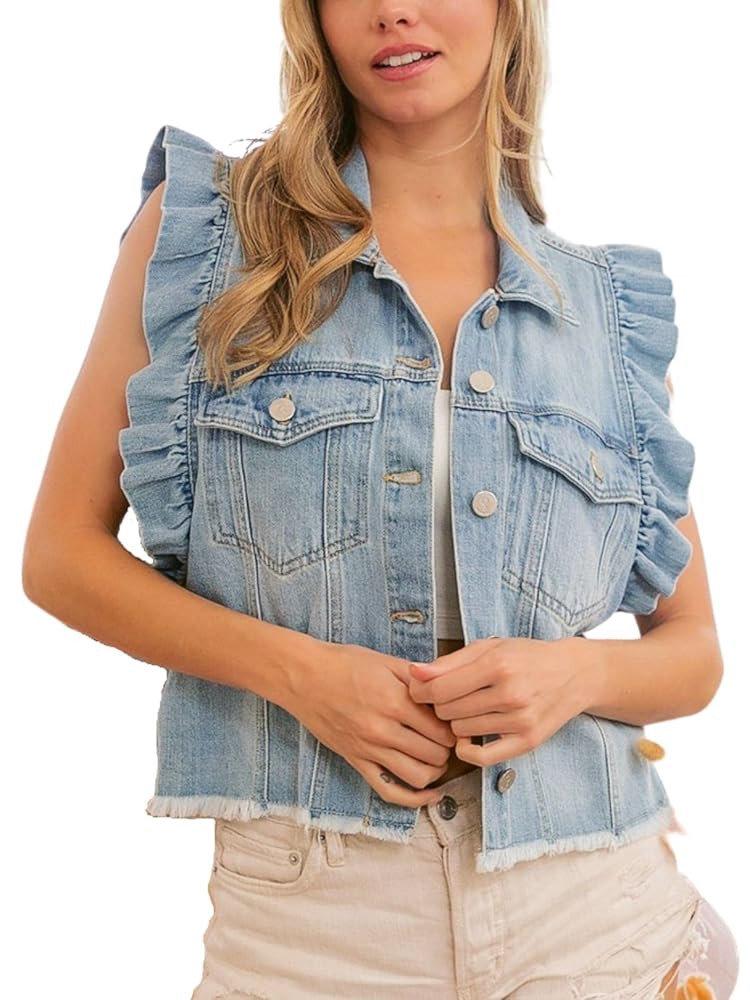 Women's Distressed Ruffled Sleeveless Denim Vest Button Down Frayed Hem Jean Jacket Turn Down Col... | Amazon (US)