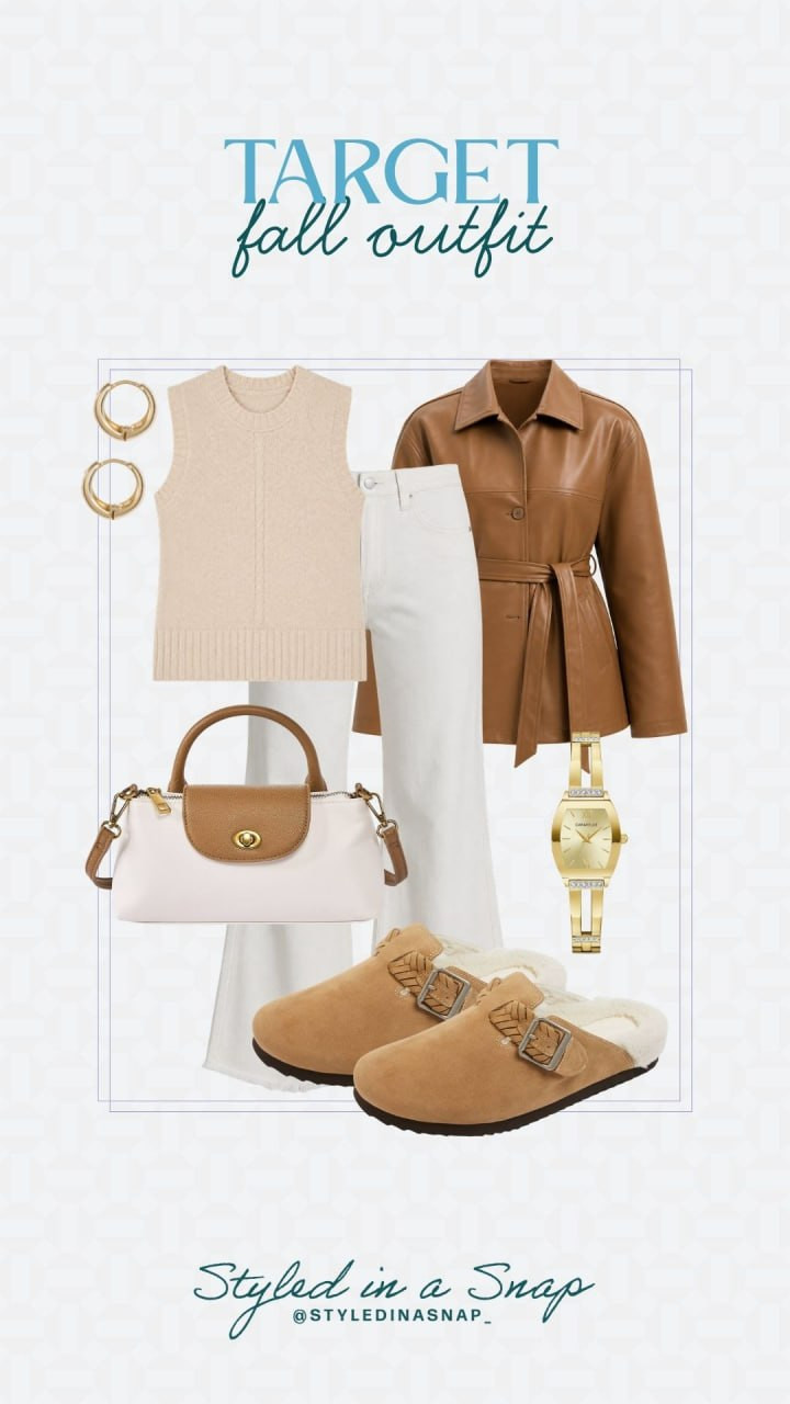 Target fall outfit that's giving cozy neutrals. Sweater vest, leather jacket, and shearling clogs, layered perfection!

//  Target Fall Outfit, Target Fall Fashion, Target Fashion Finds, Target Womens Fashion 

 #LTKgrwm #LTKootd #LTKSeasonal