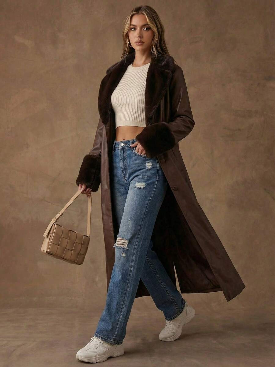 SHEIN BAE Women's Fall/Winter Fashion Faux Fur Patchwork Long Leather Jacket Winter Style Brown L... | SHEIN