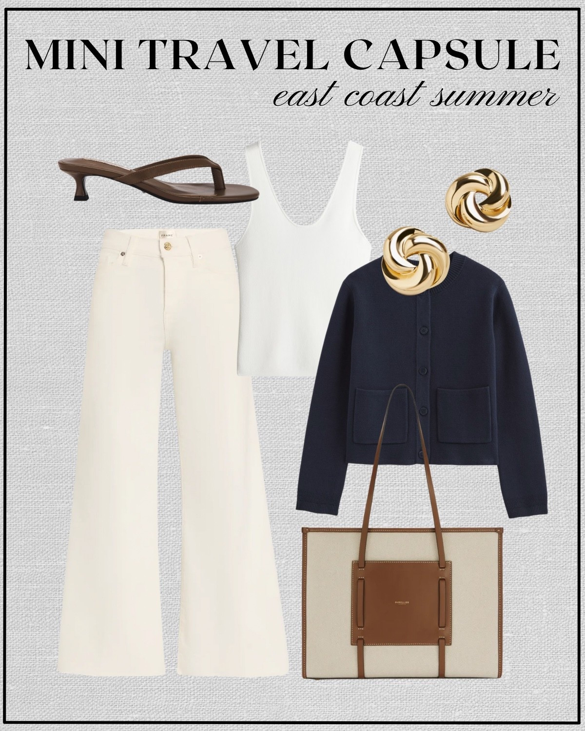Mini travel capsule: east coast summer outfit inspo 

Summer style / elevated style / navy blue cardigan / white cami / cream wide leg jeans / Demellier tote / chocolate brown heeled sandals 

#LTKTravel #LTKStyleTip