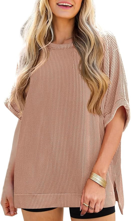 Tankaneo Womens Oversized T Shirts Summer Casual Ribbed Batwing Short Sleeve Tunic Tops Loose Fit... | Amazon (US)
