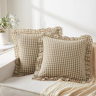 2 Pack Taupe/White Plaid Ruffle Throw Pillow Covers Farmhouse Checkered Chic Washed Cotton Pillow... | Amazon (US)