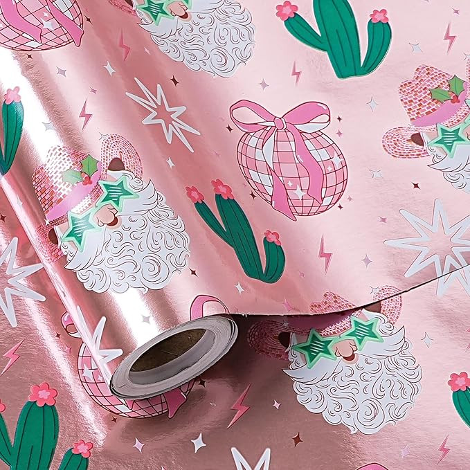 LeZakaa Pink Christmas Wrapping Paper Roll for Girls Women, Santa Disco Ball Cactus Design, Rose ... | Amazon (US)