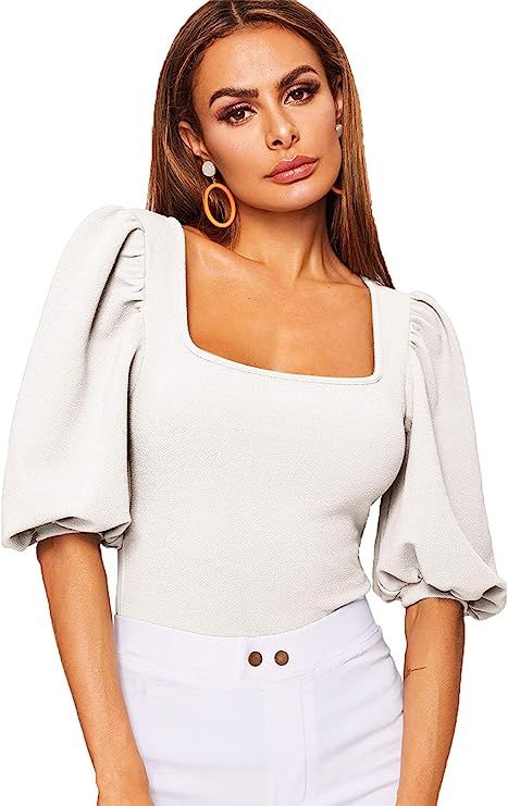 Romwe Women's Casual Puff Sleeve Square Neck Slim Fit Crop Tee Tops | Amazon (US)