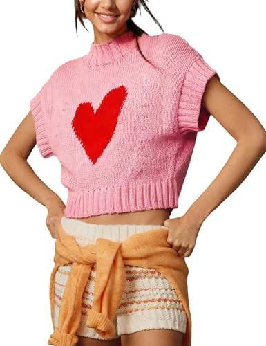 Women Cap Sleeve Sweater Vest Cute Heart Print Mock Neck Sweaters Knitted Pullover Tank Tops | Amazon (US)