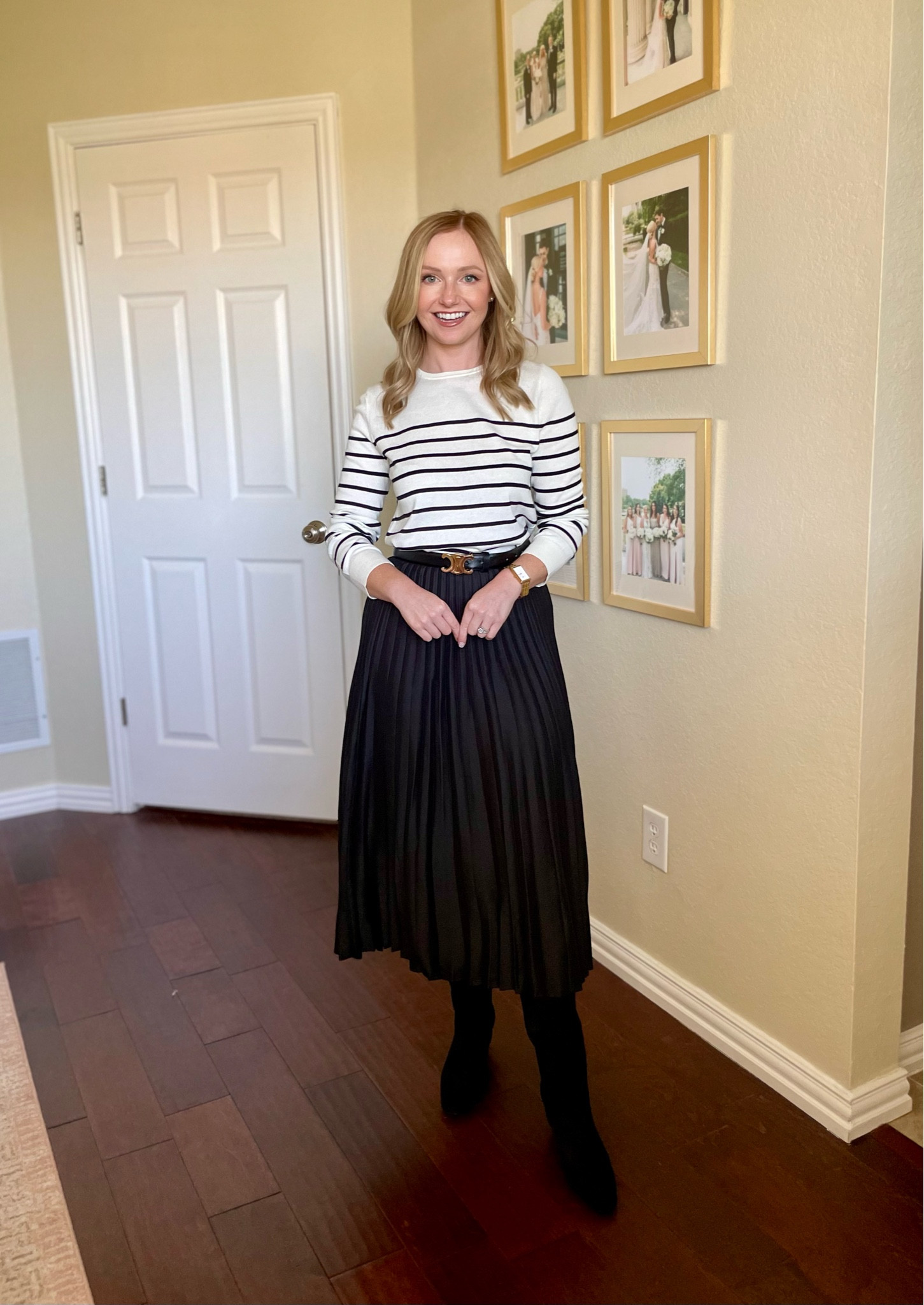 Wearing an XS in top and 0 in skirt | pleated skirt, striped sweater, suede boots, fall workwear, work outfit 

#LTKWorkwear #LTKStyleTip #LTKSeasonal