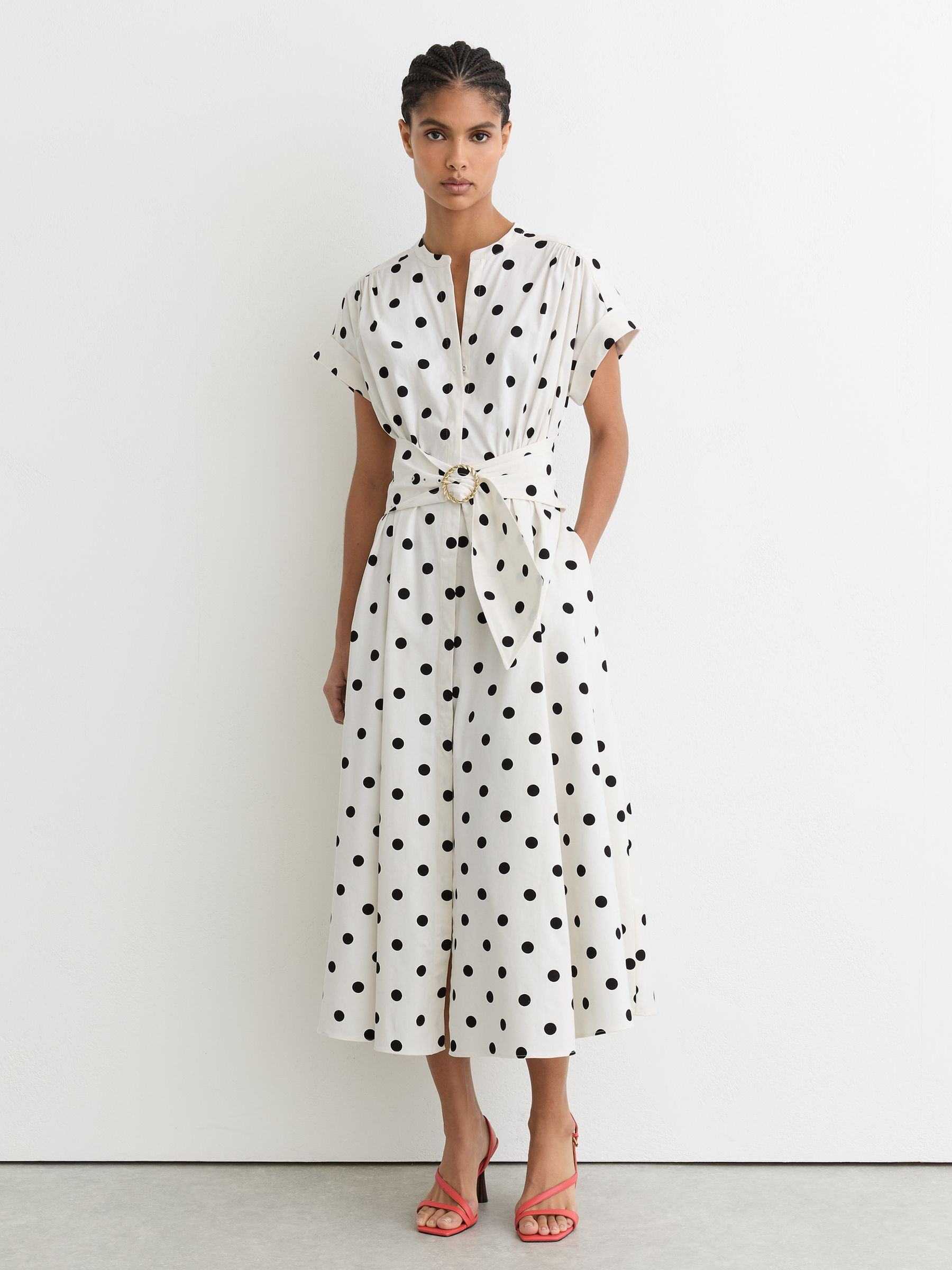 Reiss Cotton Polka-Dot Belted Midi Dress with Stretch in Black/Ivory - REISS | Reiss UK