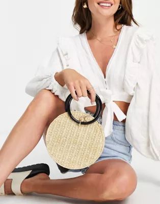 Truffle Collection circle straw bag with ring handle in cream | ASOS (Global)