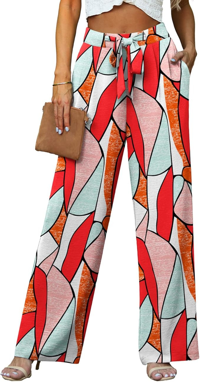 Lepunuo Women's High Waisted Wide Leg Flowy Pants Casual Palazzo Pants Work Adjustable Tie Knot P... | Amazon (US)