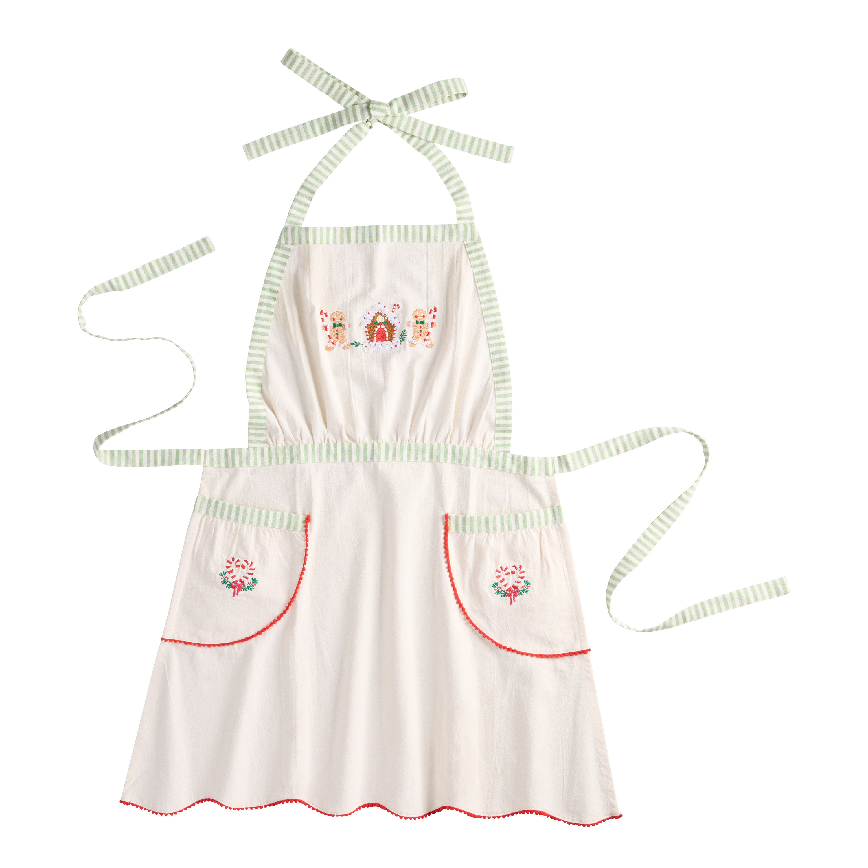 Cream and Green Gingerbread Stripe Embroidered Apron | World Market