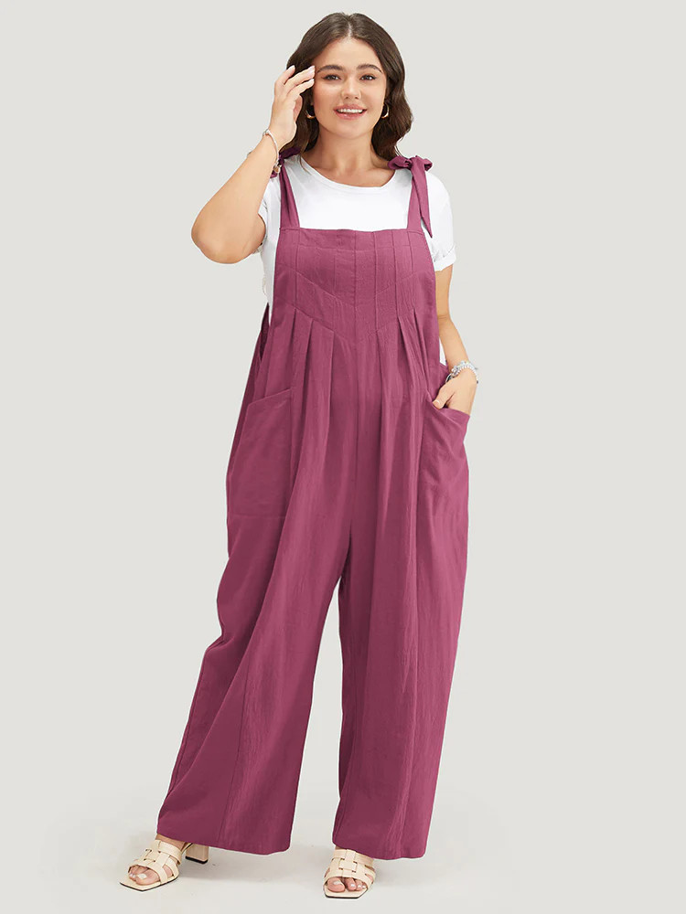 Solid Pleated Detail Pocket Knotted Shoulder Overall Jumpsuit | Bloomchic