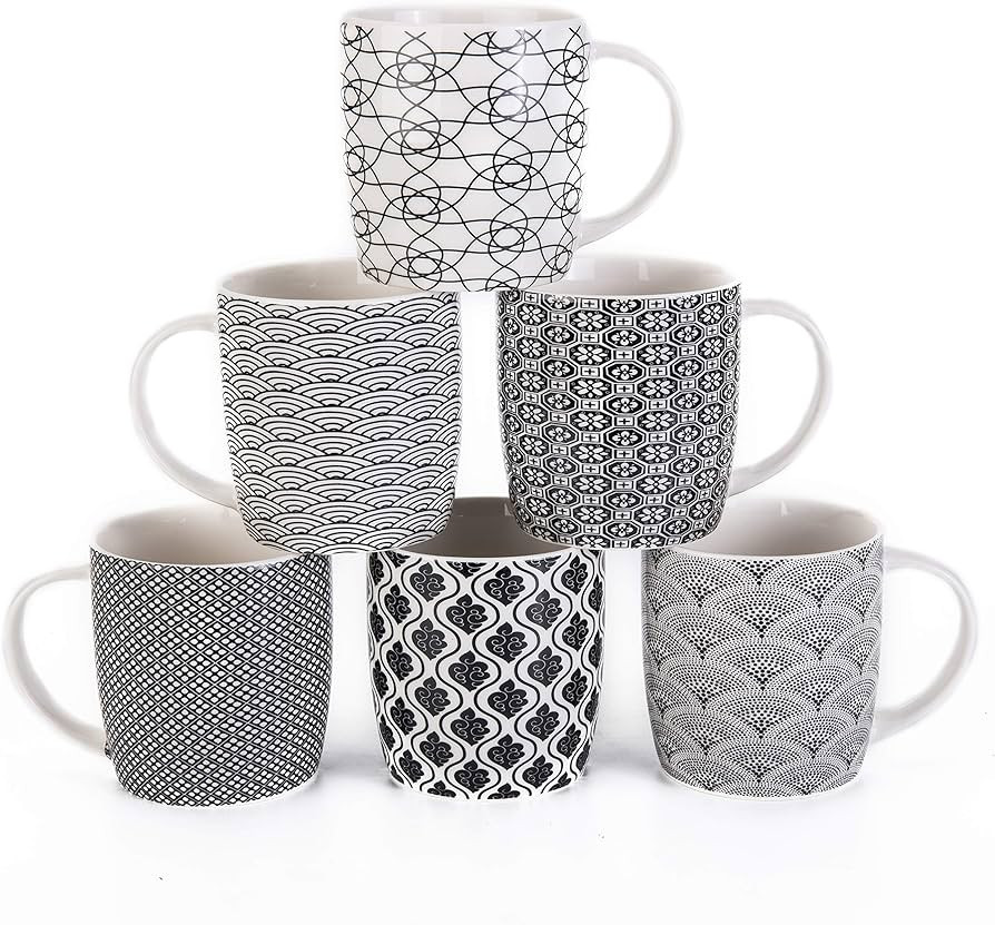 Set of 6 11.5 oz Coffee Mugs with Black and White Geometric Patterns, Ceramic Tea Cup Set | Amazon (US)