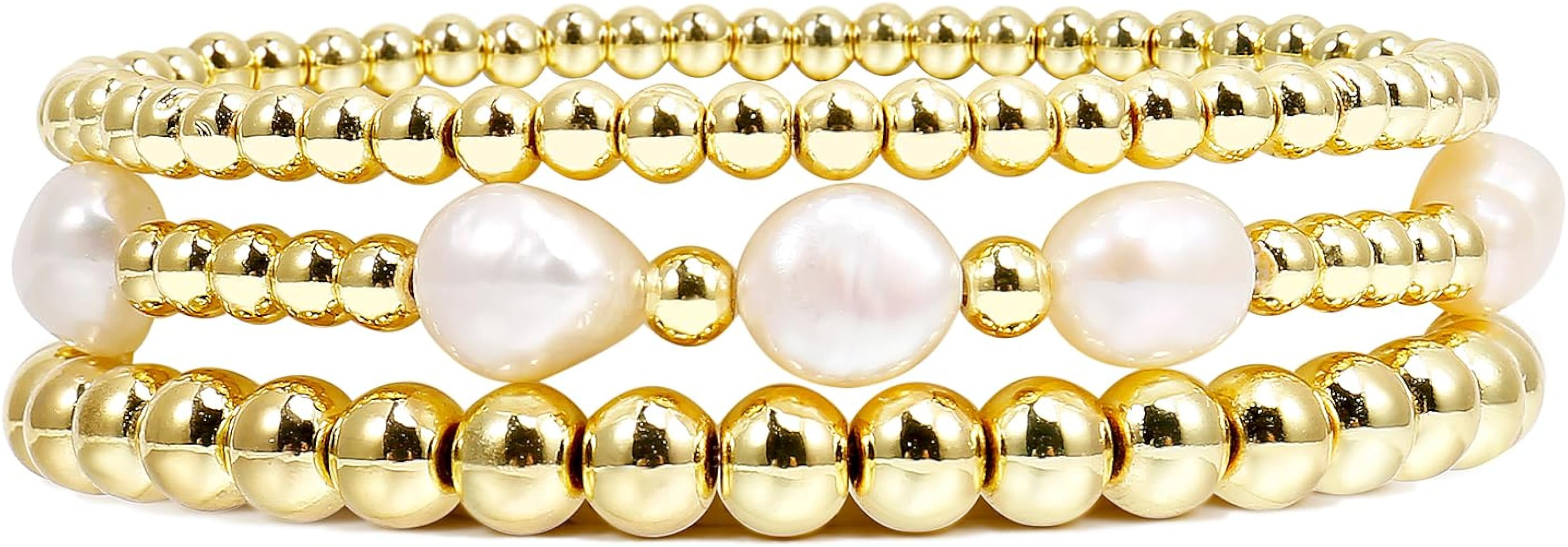 Gold Beaded Bracelets for Women Baroque Pearl Stackable14K Gold Plated Stretch Bead Ball Bracelet... | Amazon (US)