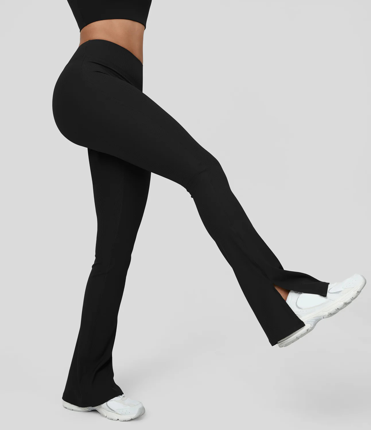 Halara Ribbed High Waisted Split Flared Yoga Leggings - Black - S gym leggings leggings with pockets | HALARA