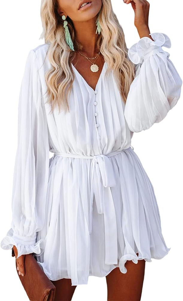 Dokotoo Womens 2022 Summer Buttons V Neck Tie Waist Flared Pleated Drape Long Sleeve Rompers Jump... | Amazon (US)