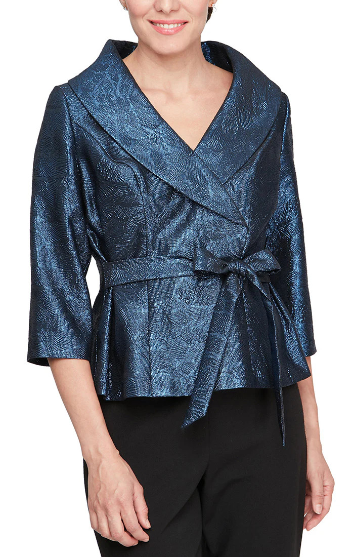 3/4 Sleeve Portrait Collar Stretch Jacquard Blouse with Tie Waist | Alex Evenings