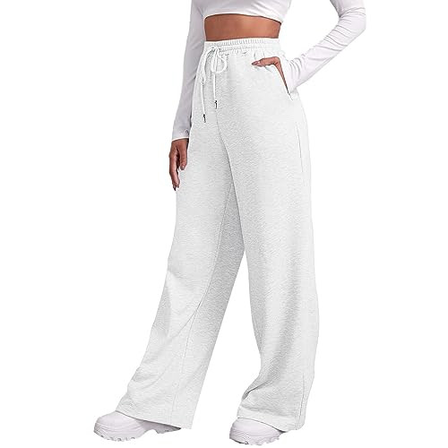 White Sweatpants for Women Elastic High Waisted Wide Straight Leg Jogger Pants Baggy Fleece Lined Drawstring Yoga Pants with Pockets | Amazon (US)